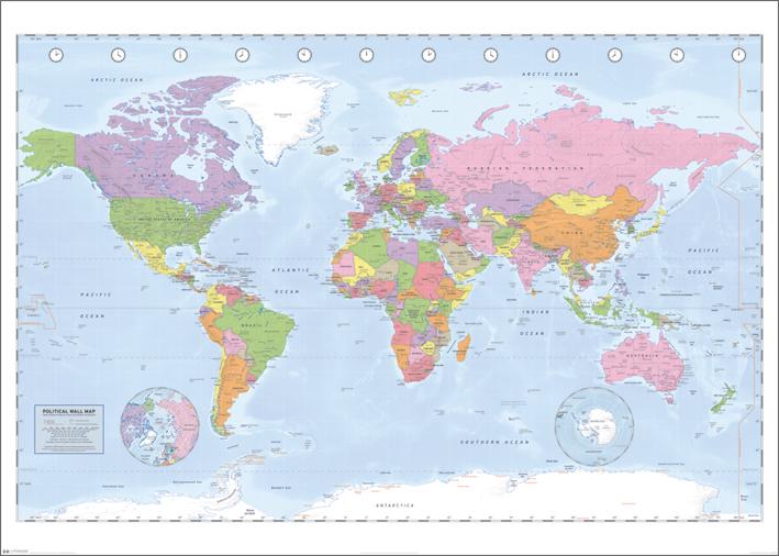 Постер плакат Политическая Карта Мира Проекция Миллера/Political World Map Miller Projection 100x140 см