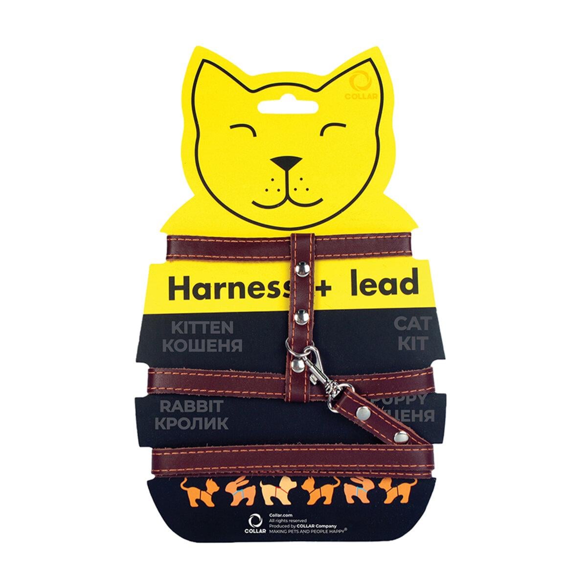 Шлея CoLLaR з повідцем шкіряна на планшеті для котів ширина 12 мм А:22-30 см В:30-40 см довжина 122 см Коричневий