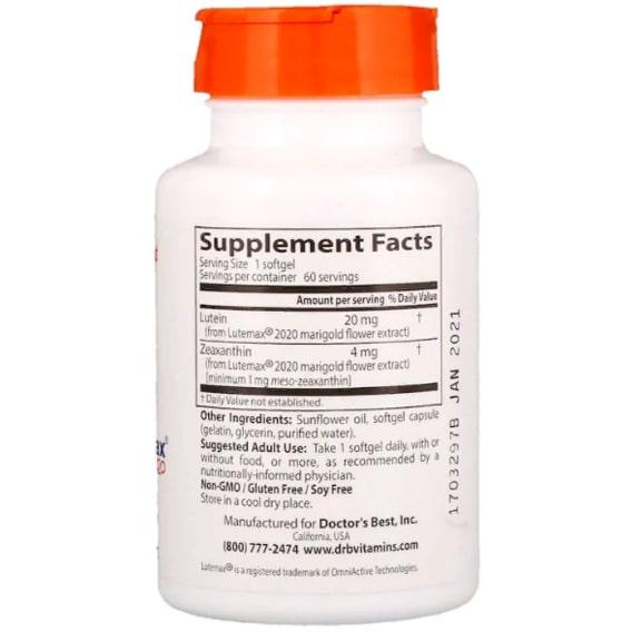 Лютеин Doctor's Best Lutein with Lutemax 2020 20 мг 60 Softgels (DRB-00369) - фото 2