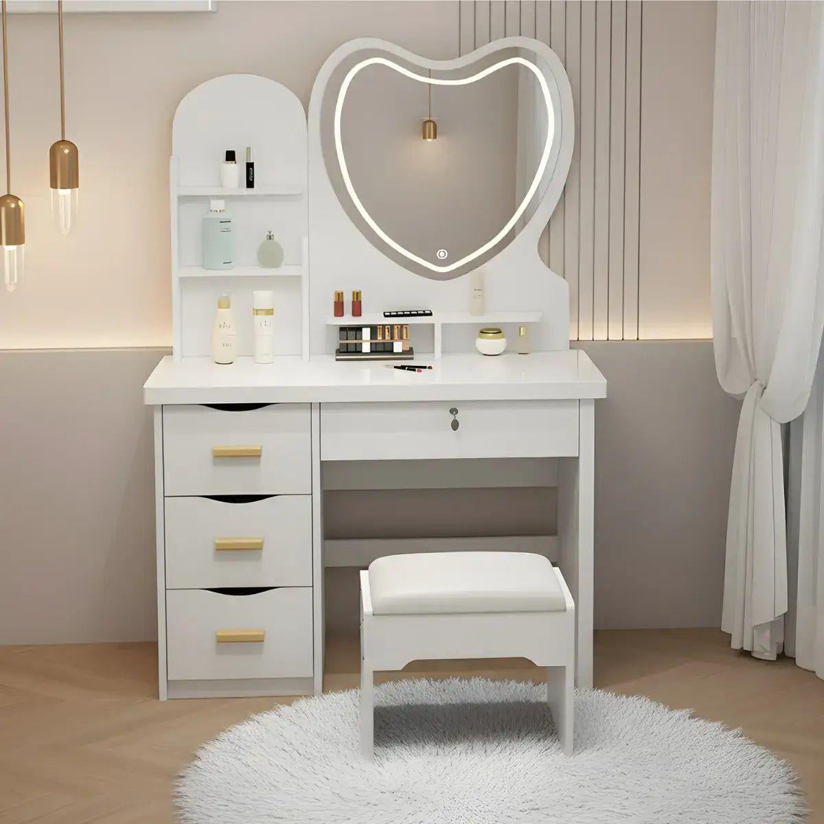 Туалетный столик с LED-зеркалом в форме сердца STL-MD 85 с пуфиком из МДФ 120х80х35 см Белый (opt-105311)