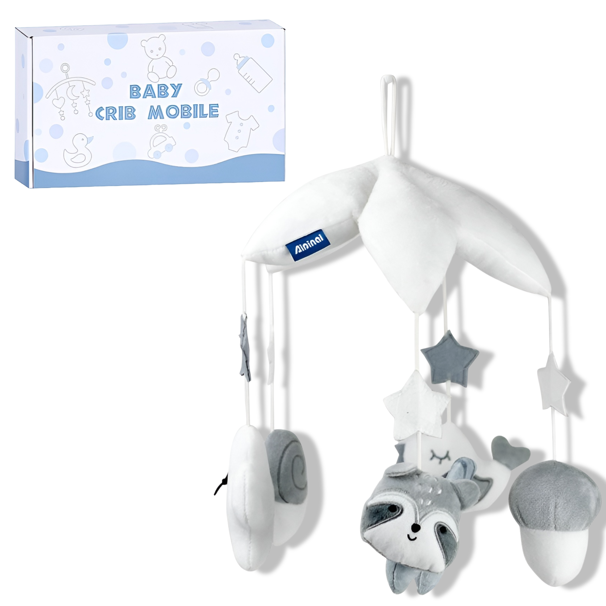 Карусель на кроватку с плюшевыми подвесками заводная музыка Белый (HB 0068 ABCD-3)