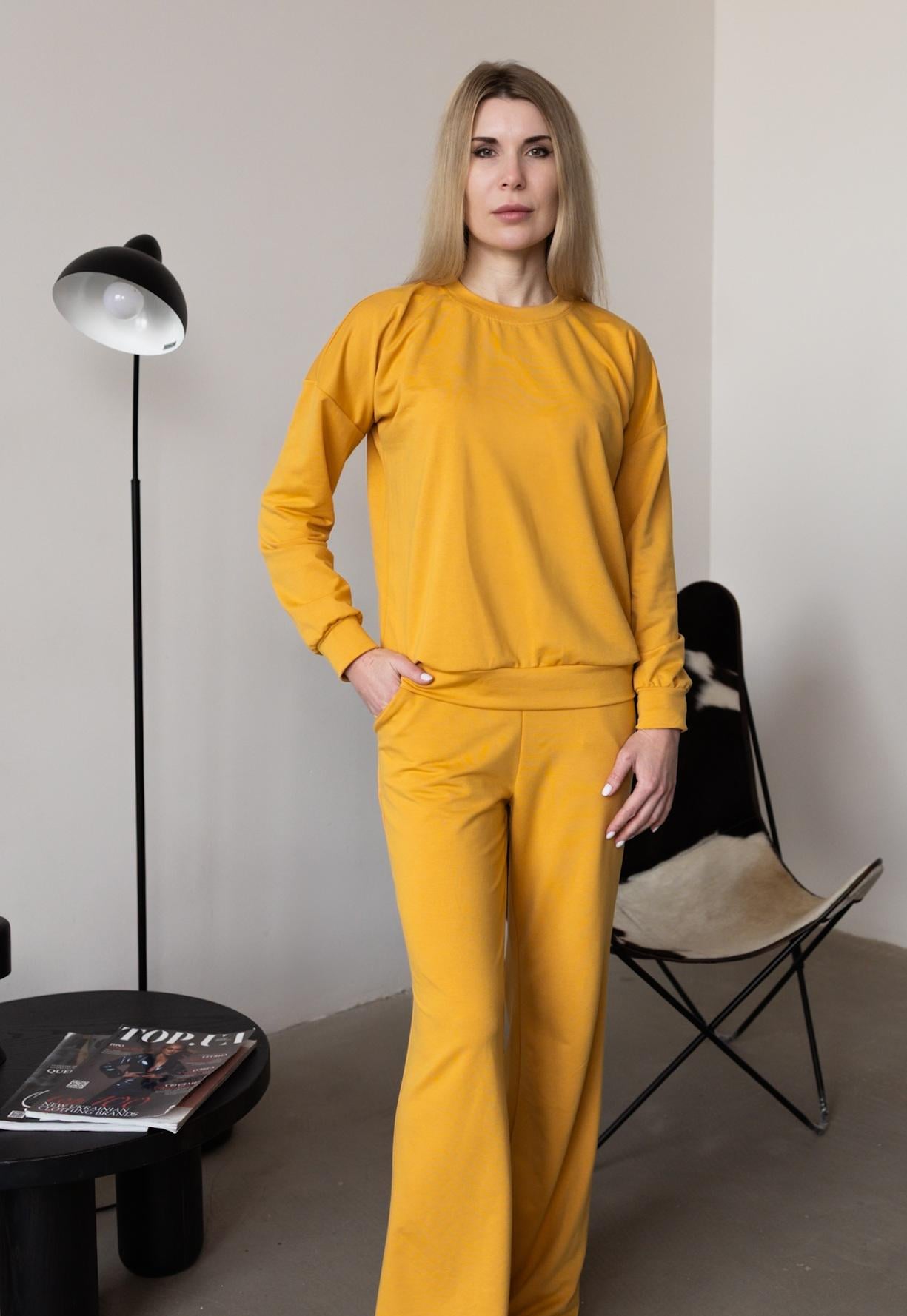 Костюм-двійка брючний жіночий з двунитки Capricious CAPS0109 S Гірчичний (36947668)
