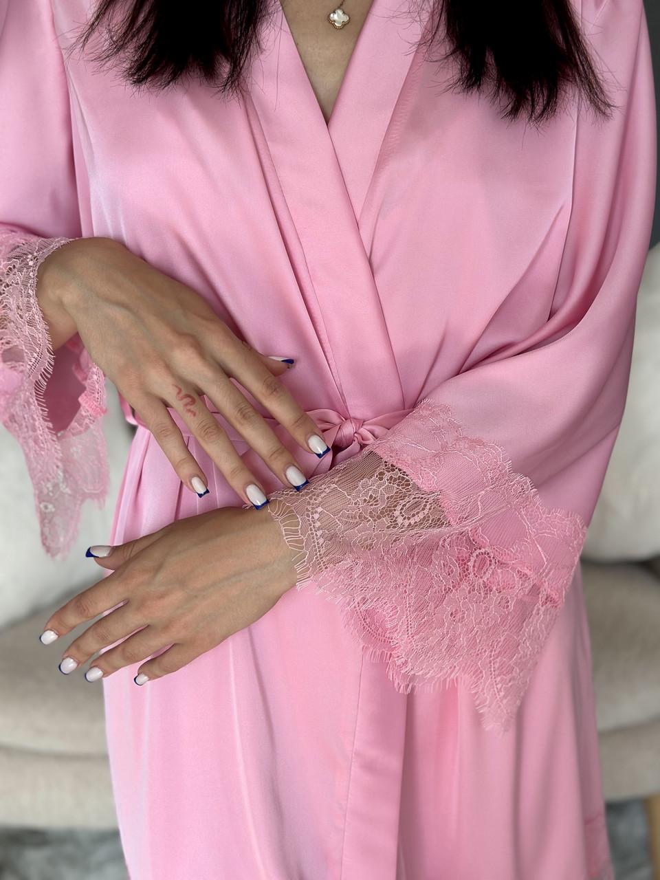 Халат женский шелковый с кружевом 2XL Розовый (2694797940) - фото 10 Халат женский шелковый с кружевом 2XL Розовый (2694797940) - фото 10