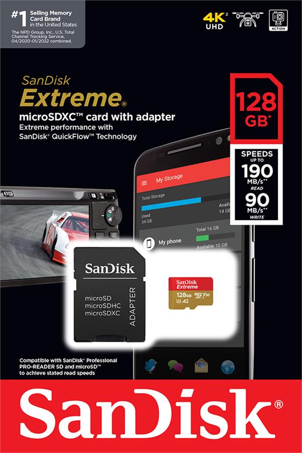 Карта памяти SanDisk microSD Extreme 128 Гб + SD адаптер C10/U3/V30/A2 (11066480) - фото 3