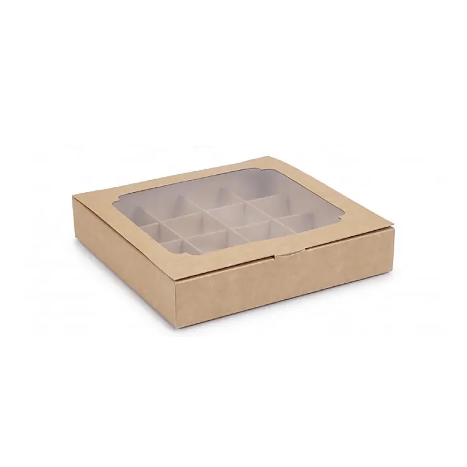 Комплект из 10 коробок для 16 конфет орешков тарталеток 185x185x35 мм Крафт с прозрачным