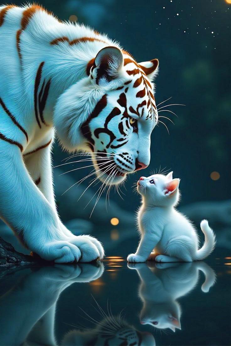 Алмазная мозаика MY-Art Белая тигрица и котик на подрамнике квадратные алмазы 40х60 см (ТNG1767)