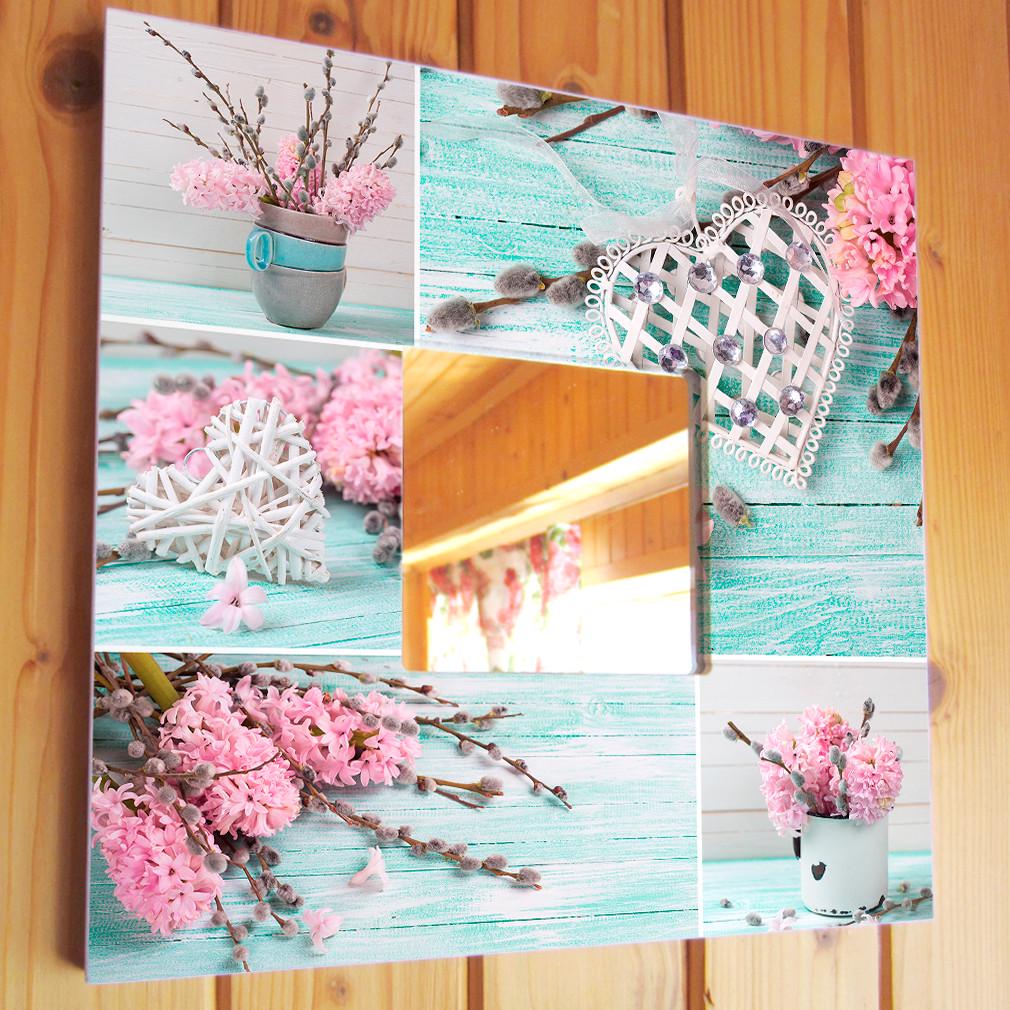 Декоративное зеркало Коллаж с сердцем на деревянном фоне 260х260 мм Бирюзовый (M03777)