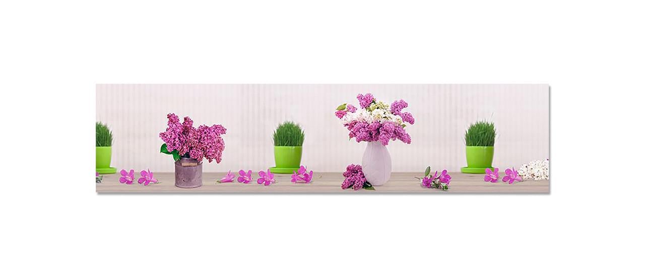 Фартук кухонный Трава и сирень букет в горшочке из самоклеющейся виниловой пленки 60х250 см Серый