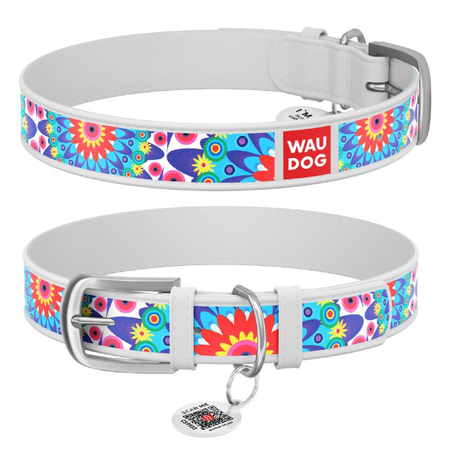 Ошейник для собак кожаный Waudog Design Цветы с QR паспортом XS 12 мм 21-29 см