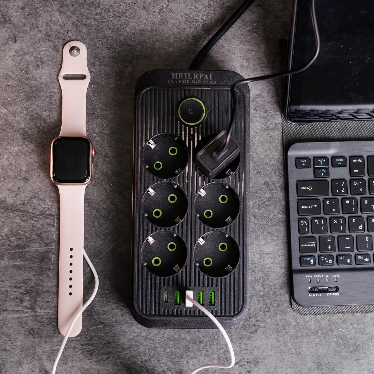 Подовжувач HP-5-26 F06U на 6 розеток 4 USB 1 Type-C та кнопкою відключення 5 м Чорний (7444) - фото 3