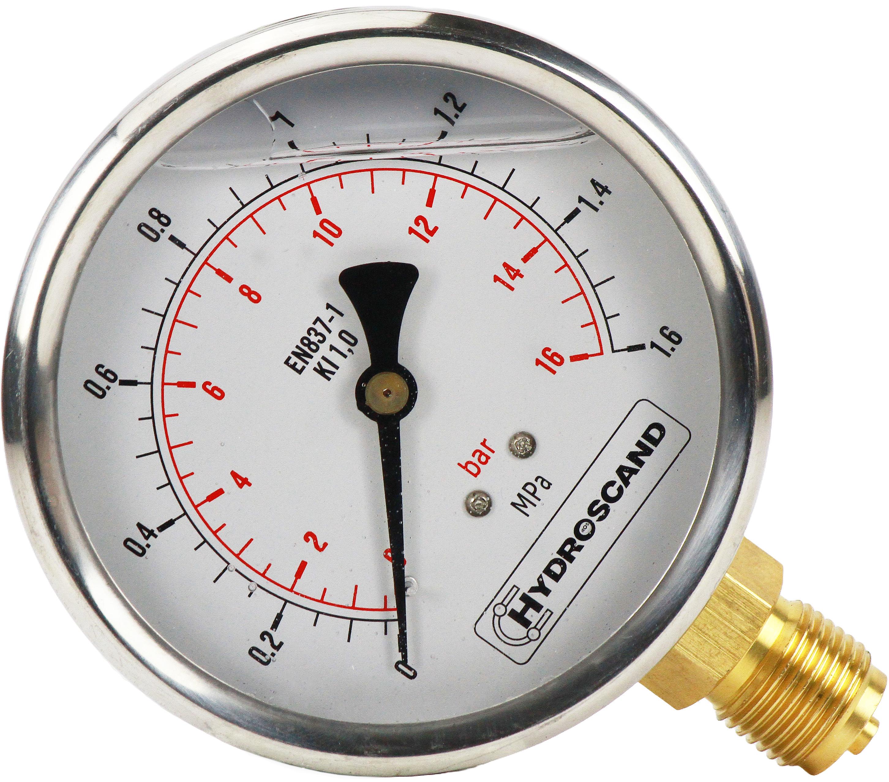 Манометр глицериновый подключение снизу 0-16 бар G 1/2" 100 мм (836003016)