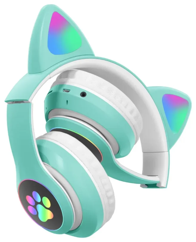 Навушники бездротові Cute Headset Котячі вушка з підсвічуванням RGB та MP3 Bluetooth/MicroSD/FM Зелений - фото 6