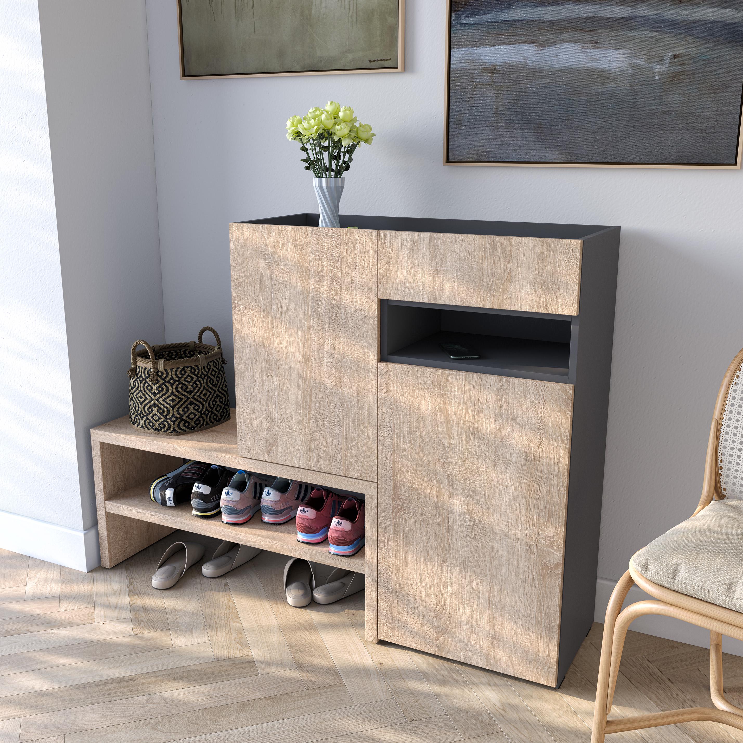 Тумба для обуви в прихожую с ящиком и полками 1350x1017x400 мм Антрацитовый/Дуб сонома (mrs-4-an-sn)