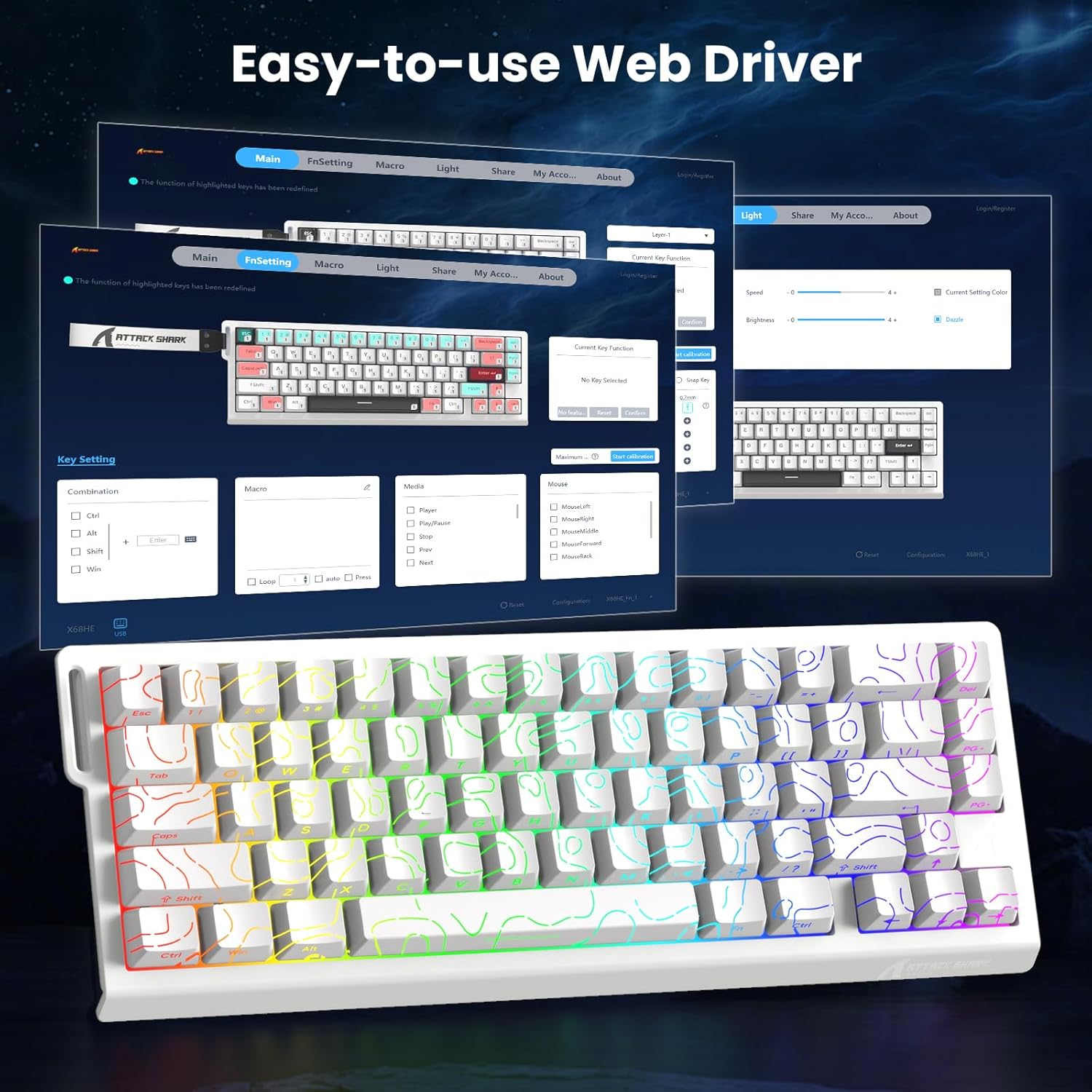 Клавіатура ігрова механічна Attack Shark X68 HE Rapid Trigger дротова/RGB підсвітка на магнітних перемикачах White (28049727) - фото 2 Клавіатура ігрова механічна Attack Shark X68 HE Rapid Trigger дротова/RGB підсвітка на магнітних перемикачах White (28049727) - фото 2