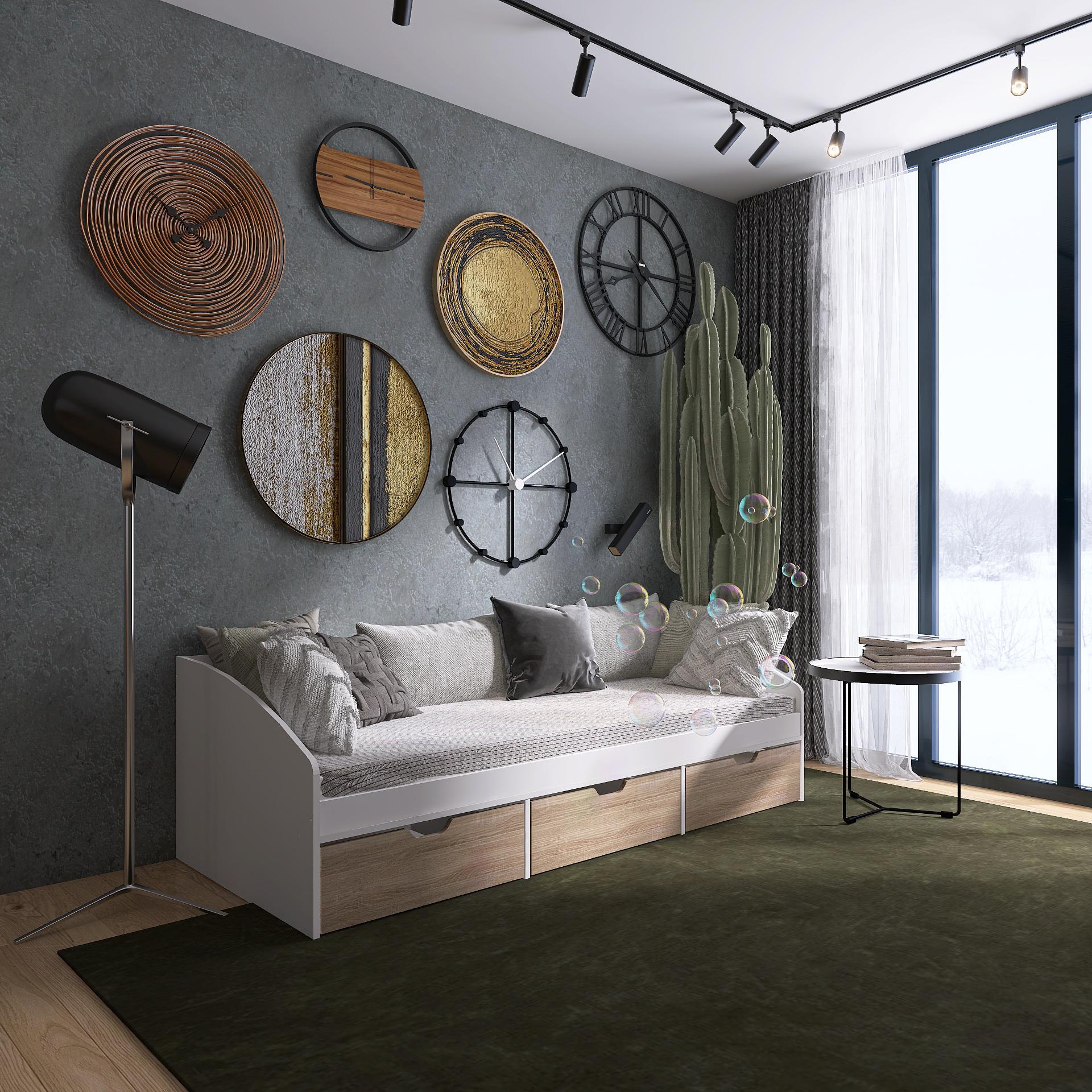 Кровать Еверест Комфорт-3 с ящиками 80х190 см Нимфея Альба/Дуб Сонома (09201)