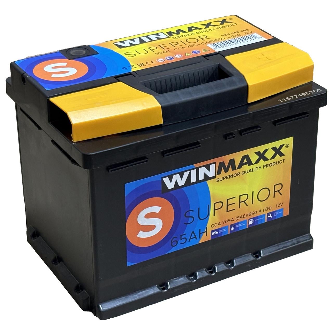 Аккумулятор 6CT-65 WinMaxx Superior EN650 65Ah-12V + справа 242х175х190 мм