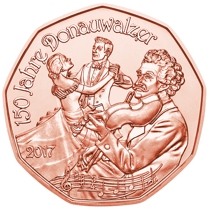 Коллекционная монета Австрия 5 евро 2017 150 лет Дунайскому вальсу Штрауса UNC (KM#3260)