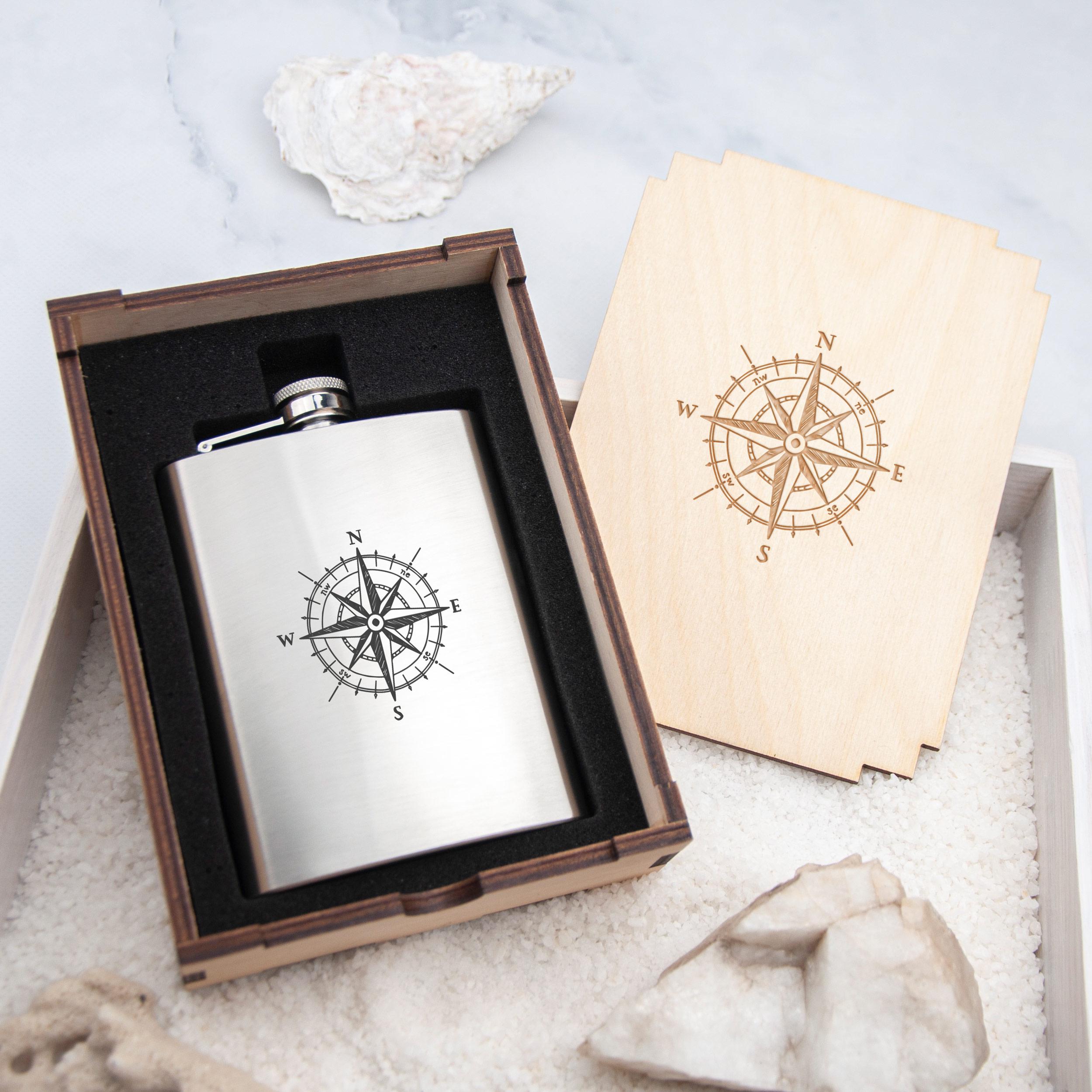 Фляга подарочная Компас в подарочной деревянной коробке (FL-0005_3)