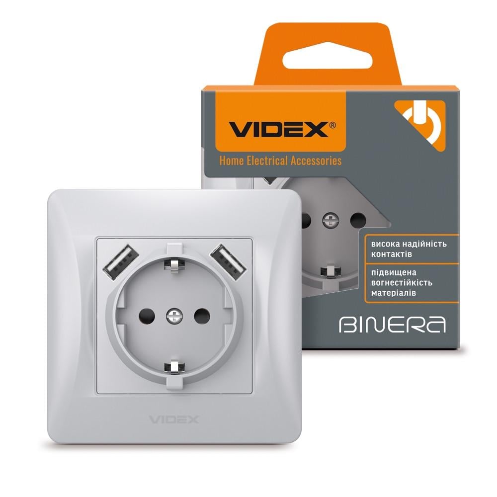 Розетка одинарная Videx Binera VF-BNSK1GU2-SS с заземлением и 2USB Серебряный шелк (1642610918)