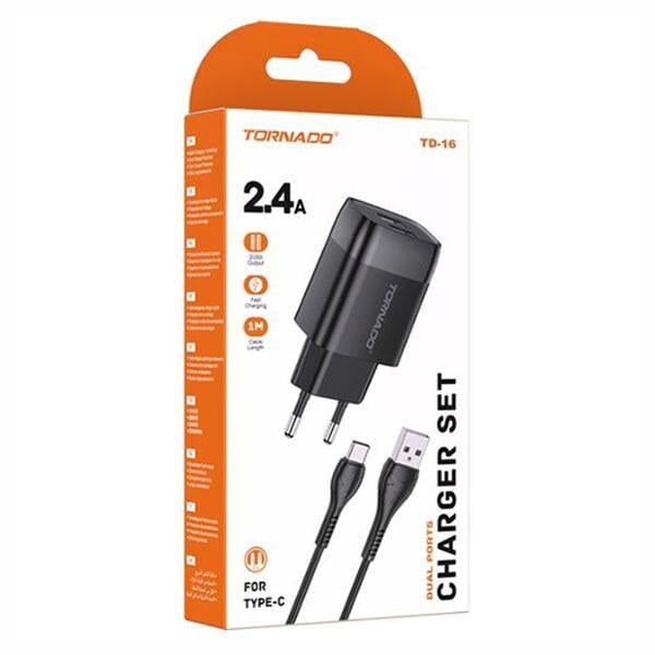 Зарядний пристрій мережевий Tornado TD-16 2USB 2,4A 1 м з USB-кабелем Type-C Чорний (1858272852)