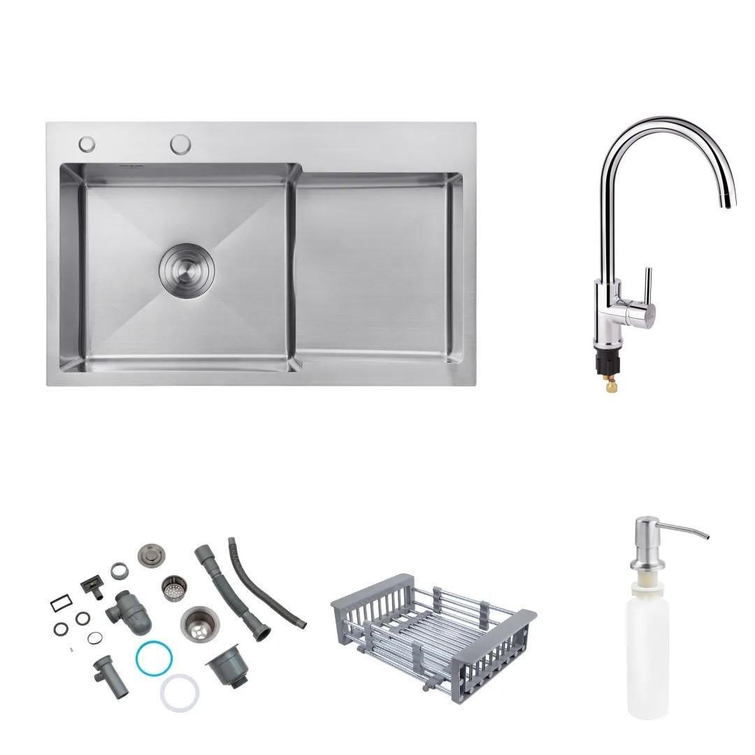 Мойка Kroner 7848LHM левая и смеситель для кухни Qtap Spring 007F-2 с подключением к фильтру