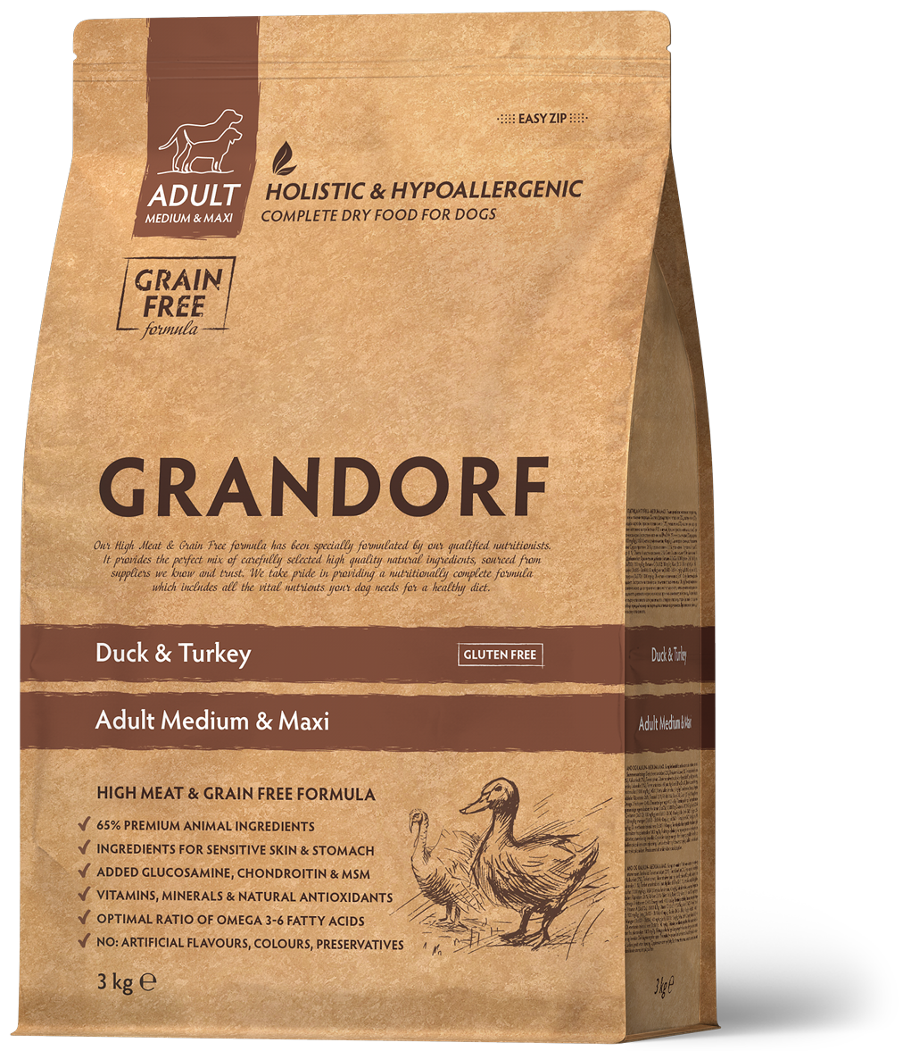 Корм для взрослых собак средних и крупных пород Grandorf DUCK & TURKEY беззерновой с уткой и индейкой 3 кг (94603)