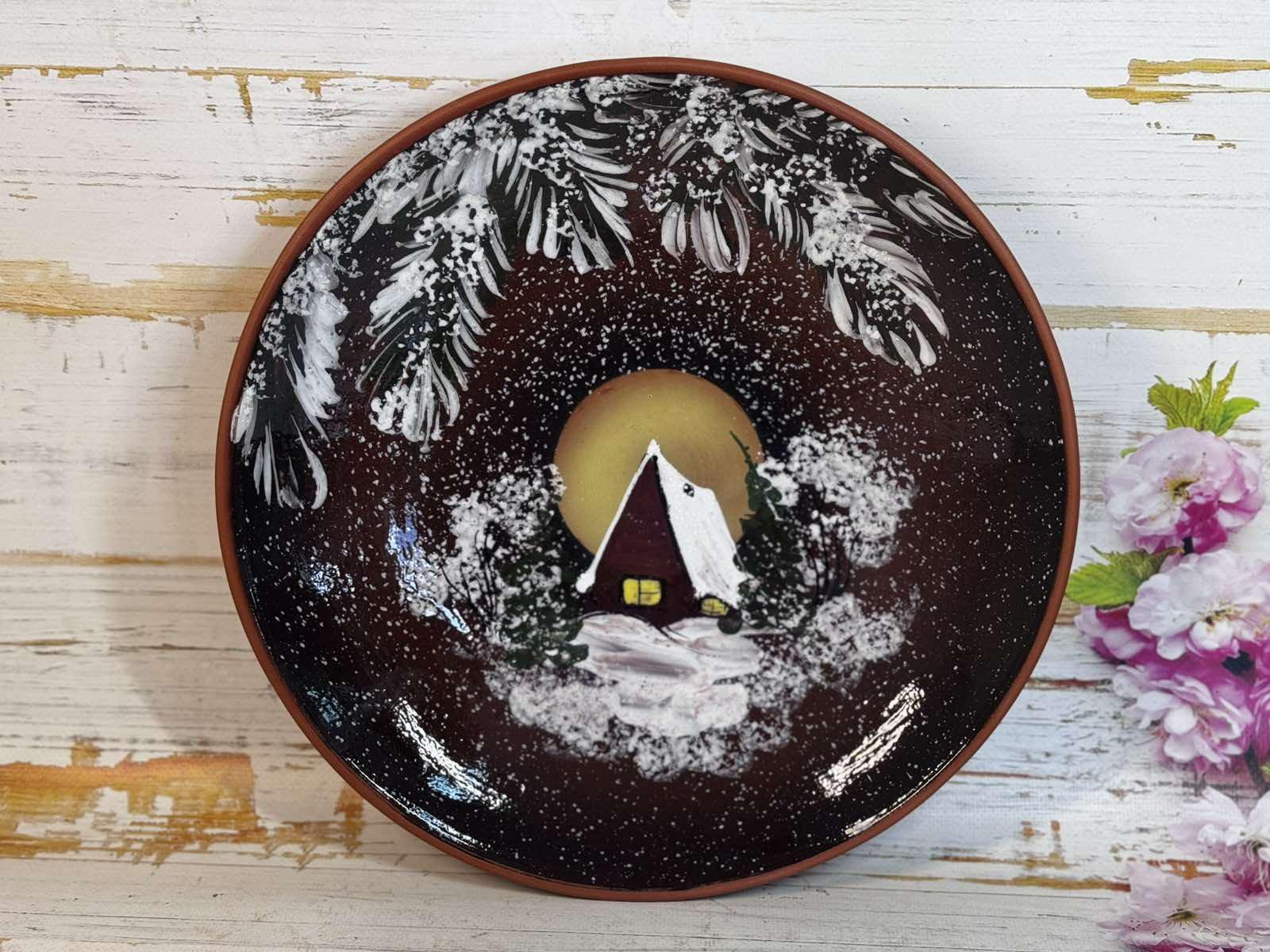 Блюдо глиняное Новогоднее Зима для утки d 38 см ручной работы