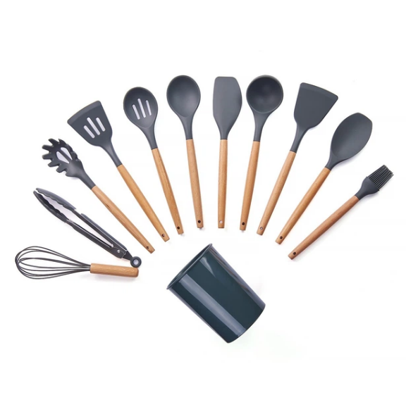 Кухонний набір Cooking Easy силіконовий з бамбуковою ручкою 11 пр. Сірий (25-187-55)