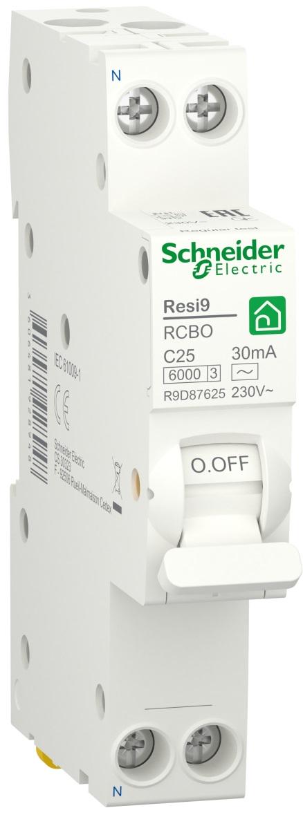 Дифференциальный выключатель Schneider Electric RESI9 1P+N 25A 30мA C тип АС (R9D87625) - фото 1