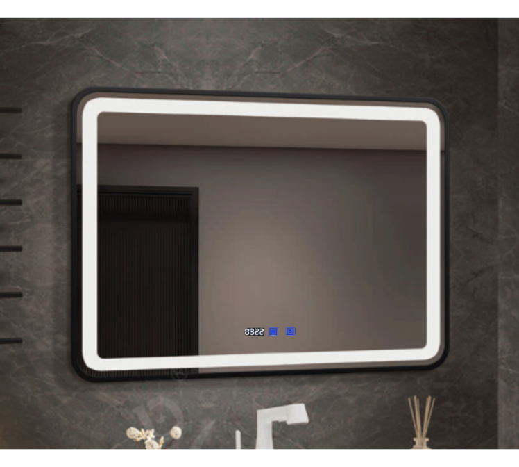 Зеркало в черном металлическом обрамлении горизонтальное с подсветкой LED в ванную комнату 80х60 см