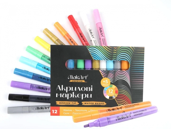 Акварельні маркери двосторонні Mobee 48 та акрилові маркери Makart 12 з змінними стержнями