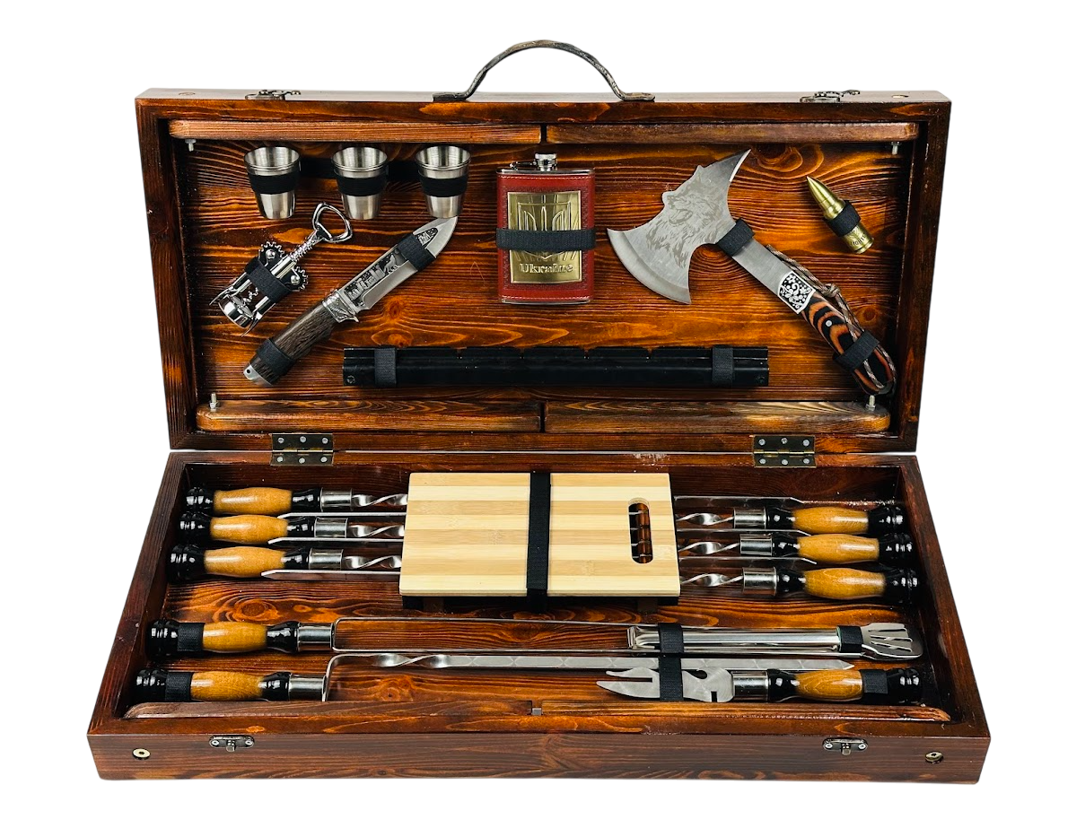 Набор шампуров ручной работы Волк МАХ с аксессуарами и столом-трансформером 23 предмета 75х35х13 см Коричневый (124-10-KS-7301)