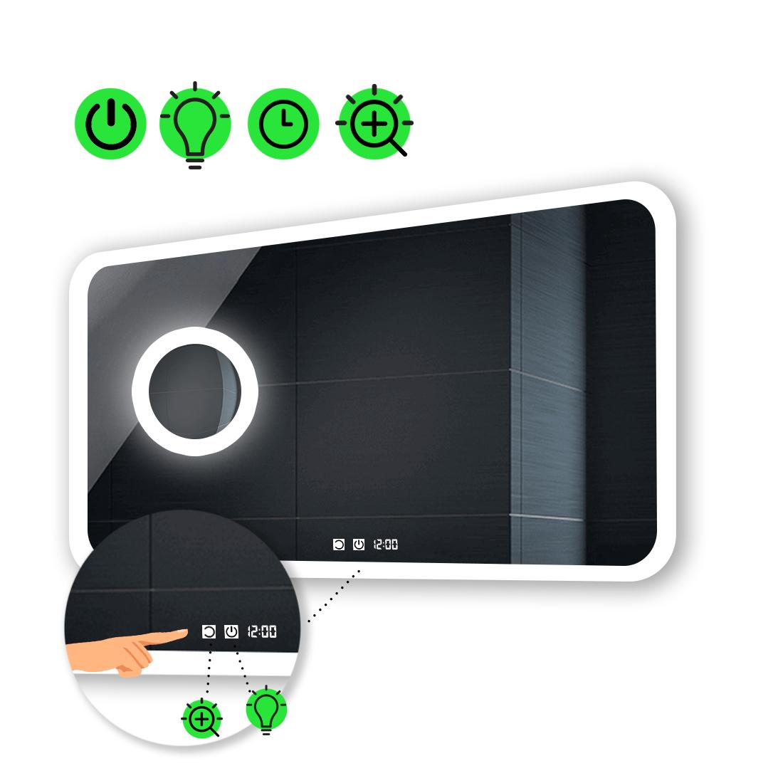 LED-зеркало 80x60 см с двумя сенсорами часами и линзой с подсветкой модель Ahana (Ahanag30) LED-зеркало 80x60 см с двумя сенсорами часами и линзой с подсветкой модель Ahana (Ahanag30)