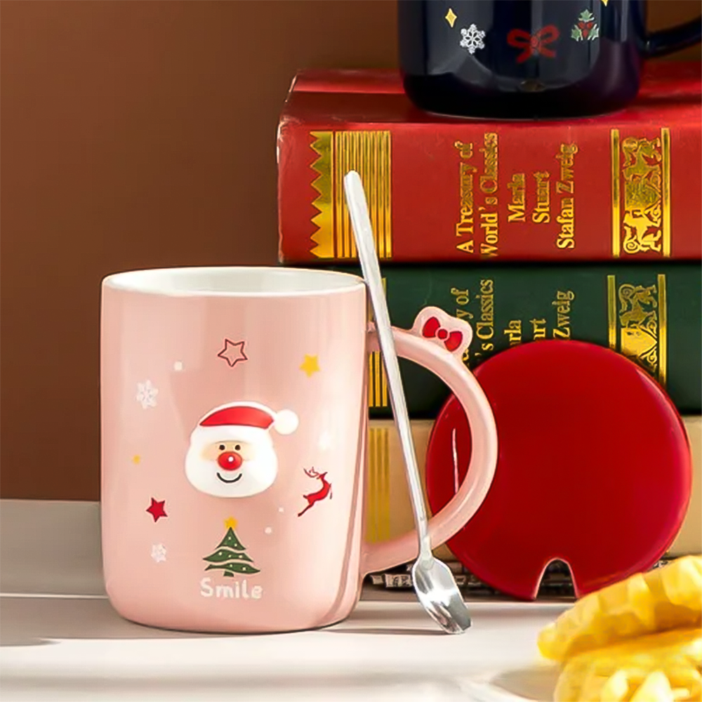 Чашка новогодняя с крышкой и ложкой Санта керамика 360 мл Розовый - фото 10