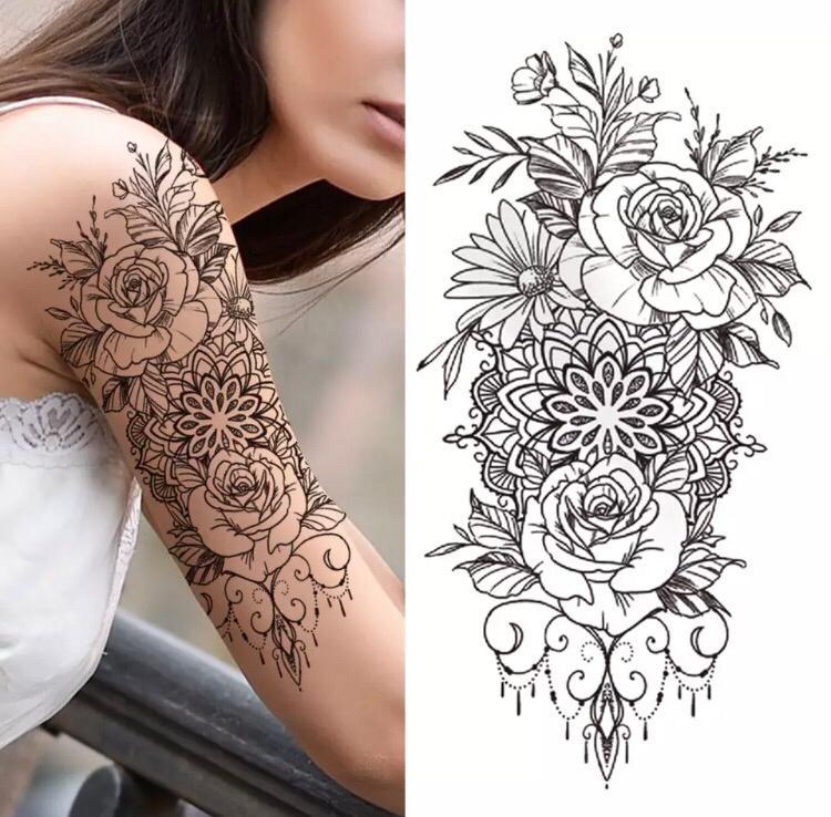 Тату тимчасове водостійке 3D велике Квіти та вензелі XQB-337 19,5х10 см (4506397) - фото 2 Тату тимчасове водостійке 3D велике Квіти та вензелі XQB-337 19,5х10 см (4506397) - фото 2