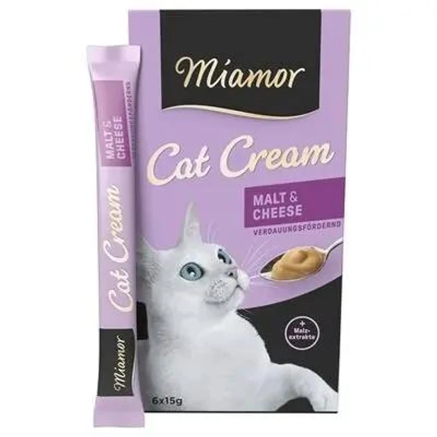 Ласощі для котів Miamor Cat Cream Malt & Cheese-Cream для виведення грудок шерсті з шлунку 6 стіків х 15 г