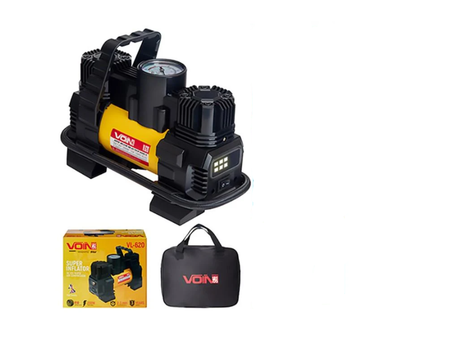 Компресор Voin прикур./ліхтар/перехідник на клеми/2 циліндри 150psi/15A/85 л (VL-620)