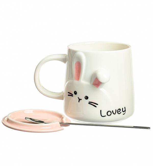 Чашка керамическая "Lovey rabbit" с ложечкой и крышечкой 350 мл (514041)