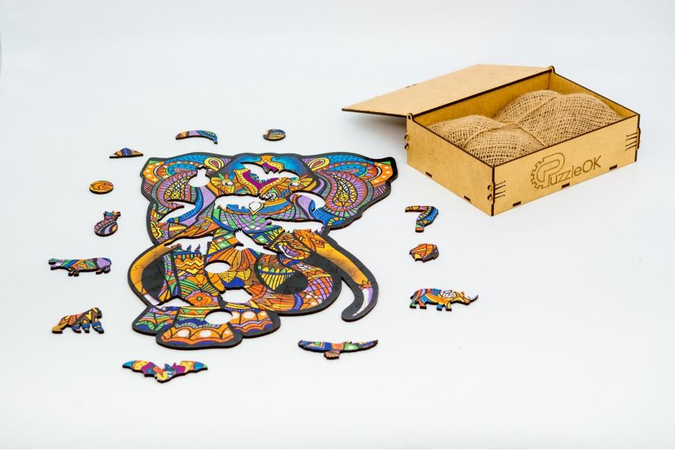 Пазл дерев'яний фігурний PuzzleOK Індійський слон подарункова упаковка - фото 2 Пазл дерев'яний фігурний PuzzleOK Індійський слон подарункова упаковка - фото 2