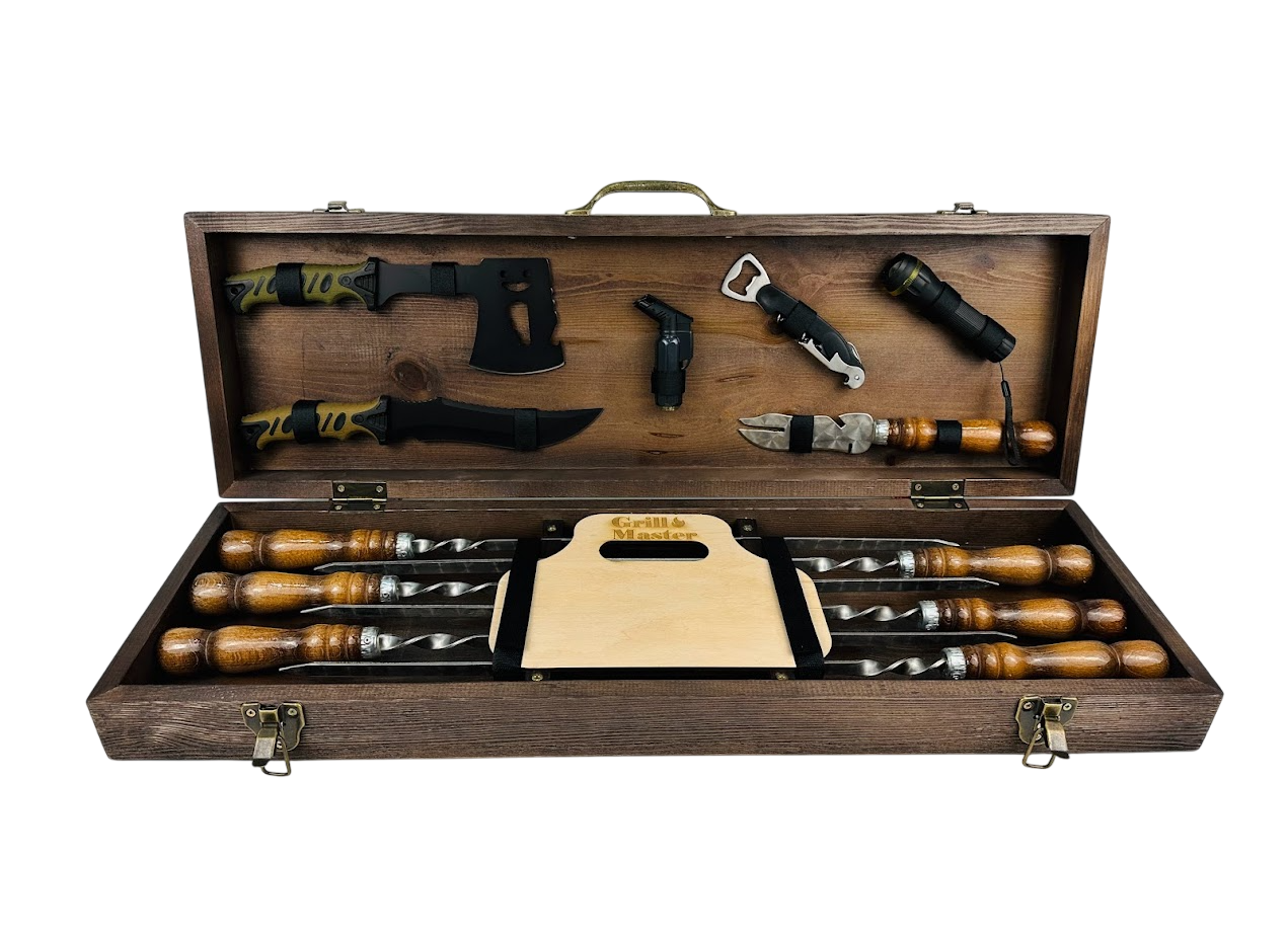 Подарочный набор шампуров ручной работы Кемпинг 13 предметов в кейсе 75х24х11 см Коричневый (124-10-KS-7401)