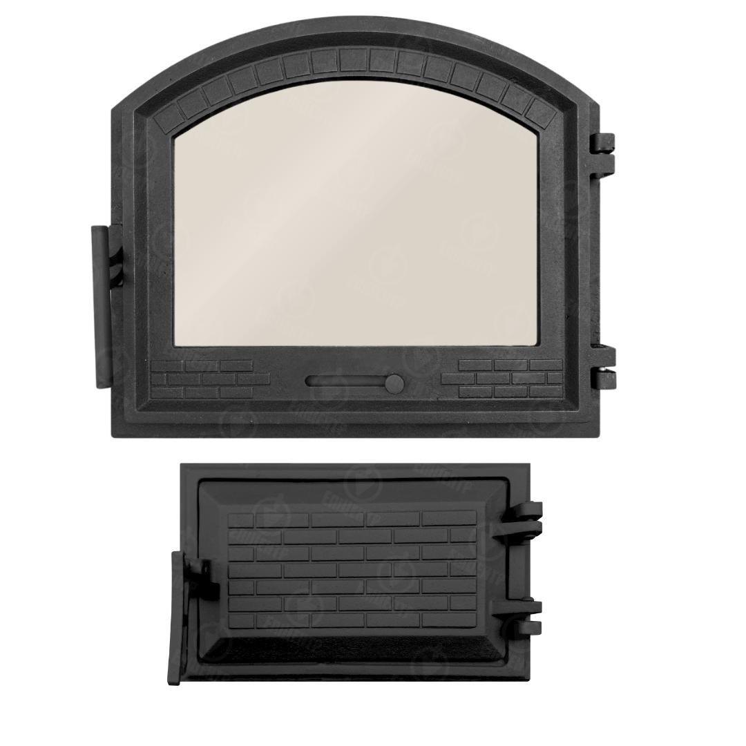 Комплект чавунних дверцят замковий з регулятором тяги з вогнетривким склом 490x420 мм/піддувальний замковий 265x165 мм - фото 2