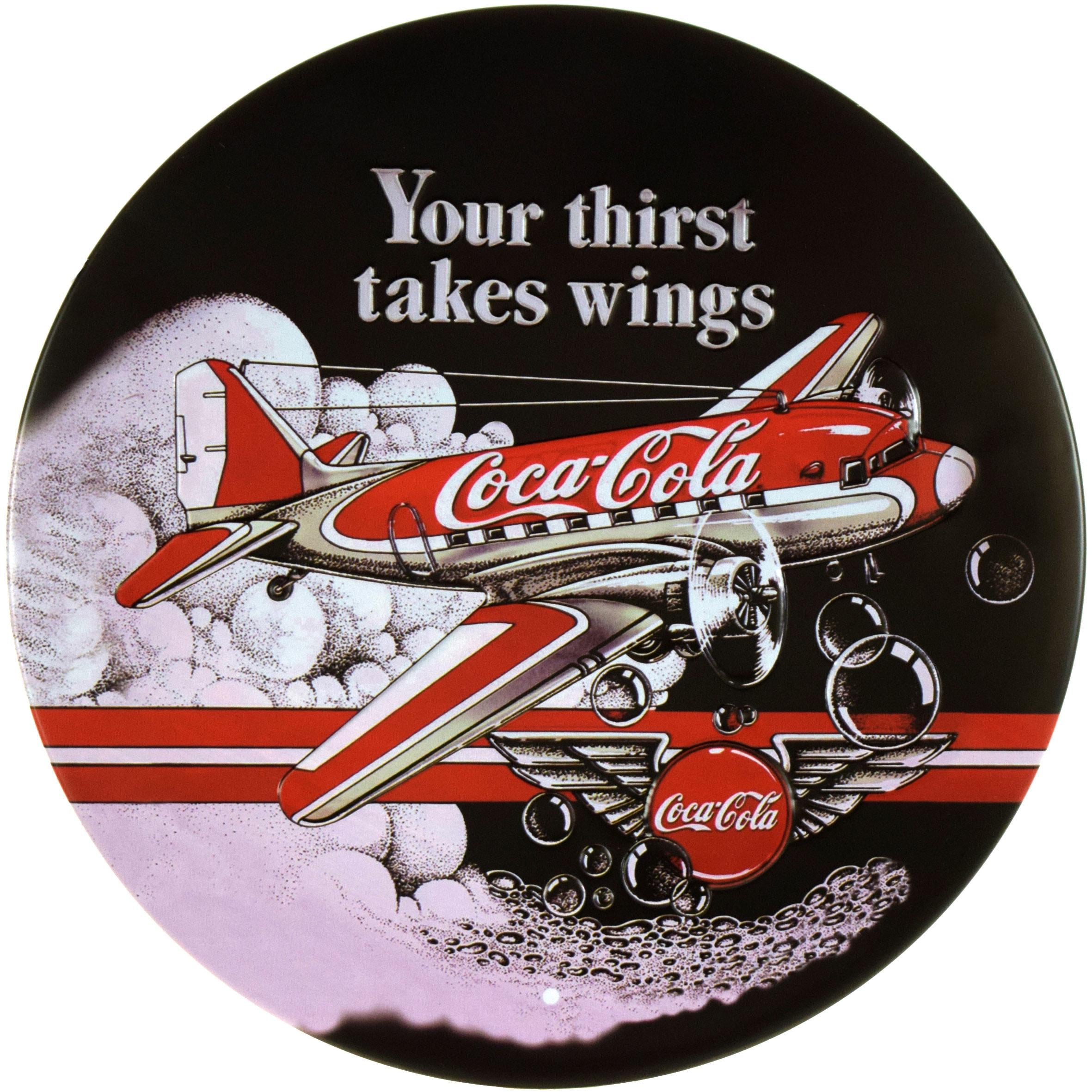 Табличка металлическая Кока-Кола Твоя Жажда Берёт Крылья/Coca-Cola Your Thirst Takes Wings круглая 30 см