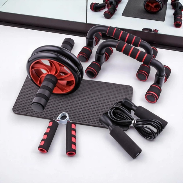Набор для фитнеса и тренировок ролик для пресса/эспандер/скакалка/упоры для отжиманий 7в1 (AND 5542)