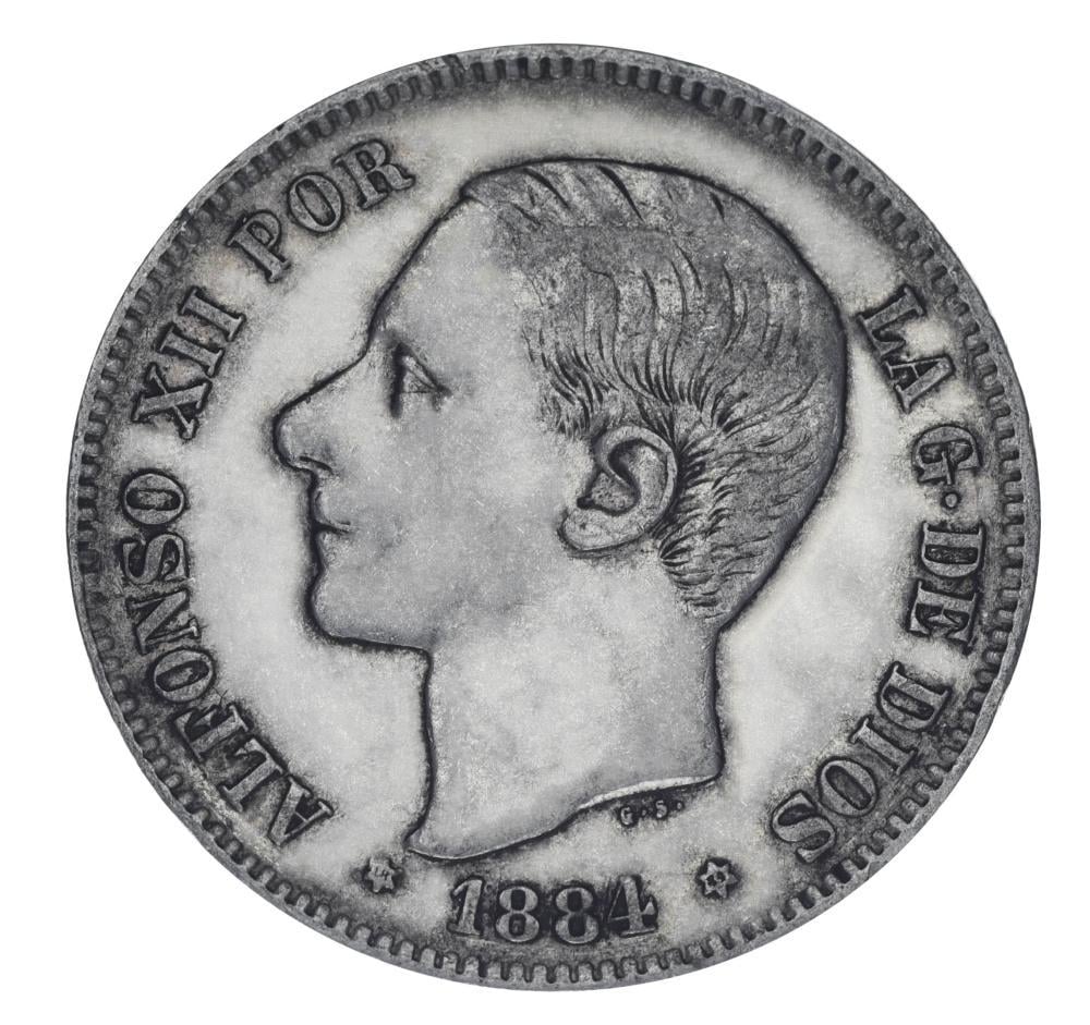 Коллекционная монета Испания 5 песет 1884 серебро F-VF Король Альфонсо XII 1875-1885 25 г (М19779)