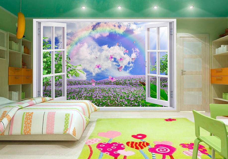 Фотообои флизелиновые для спальни/зала/кухни моющиеся Цветочное поле и радуга