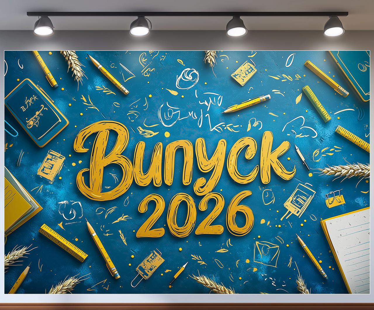 Баннер для фотозоны "Випуск 2026" на синем фоне с канцелярией и золотыми колосьями фотозона 180x120 см №41309