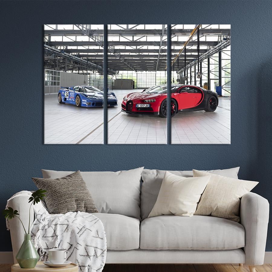 Картина на холсте триптих Стильные Bugatti Campogalliano в гараже 156x100 см (1308-31)