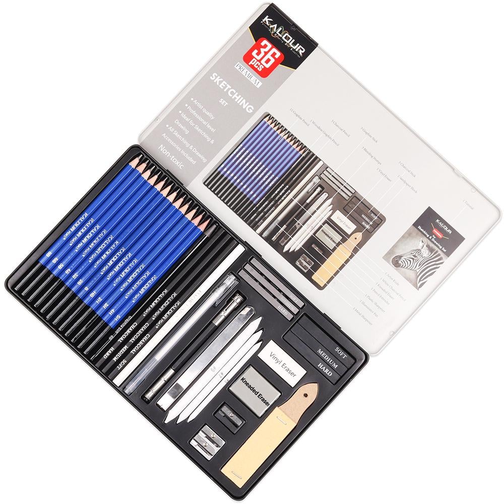 Набір для малюнку та ескізів KALOUR Premium в металевій коробці 36 пр. (YV-PST036)