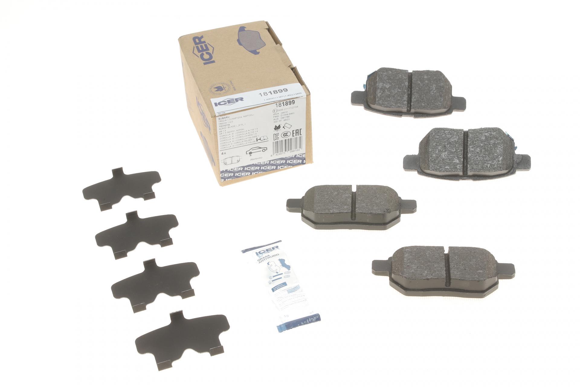 Колодки тормозные задние ICER для Toyota Corolla/Auris 06-14/IQ/Urban Cruiser 09-15/Prius 12-/Yaris 05- (181899)