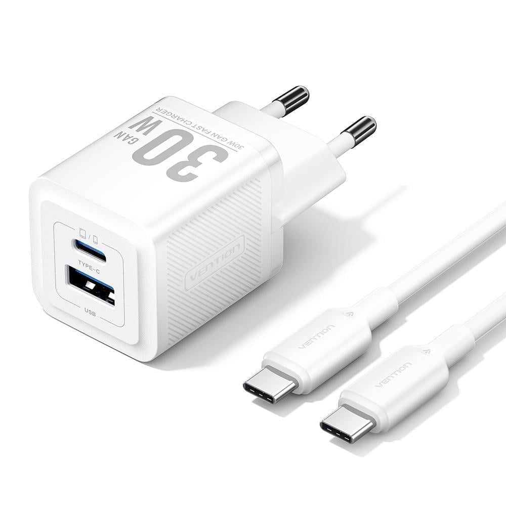 Зарядное устройство Vention GaN III Type-C/USB 30W /Type-C 60Вт 2-портовый USB A+C быстрая зарядка 1 м Белый (TZ-FEQW0-EU-01) Зарядное устройство Vention GaN III Type-C/USB 30W /Type-C 60Вт 2-портовый USB A+C быстрая зарядка 1 м Белый (TZ-FEQW0-EU-01)